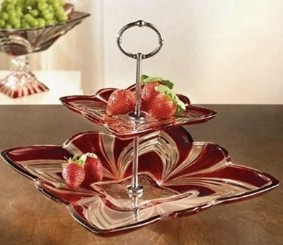 FIFTH AVENUE MCM CUT CRYSTAL AURORA RUBY RED 2 TIER  TRAY 11''H  JAPAN Unique!!!
