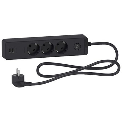 Schneider Electric ST943U1B Anschlusskabel, 3 Schuko-Buchsen, USB Typ A+A, 1,5 m