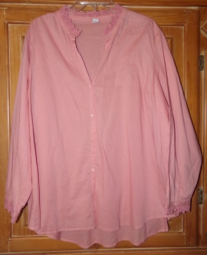 OLD NAVY WOMENS SIZE XXL 2XL PINK LONG SLEEVE BUTTON BLOUSE COTTON V-NECK RUFFLE