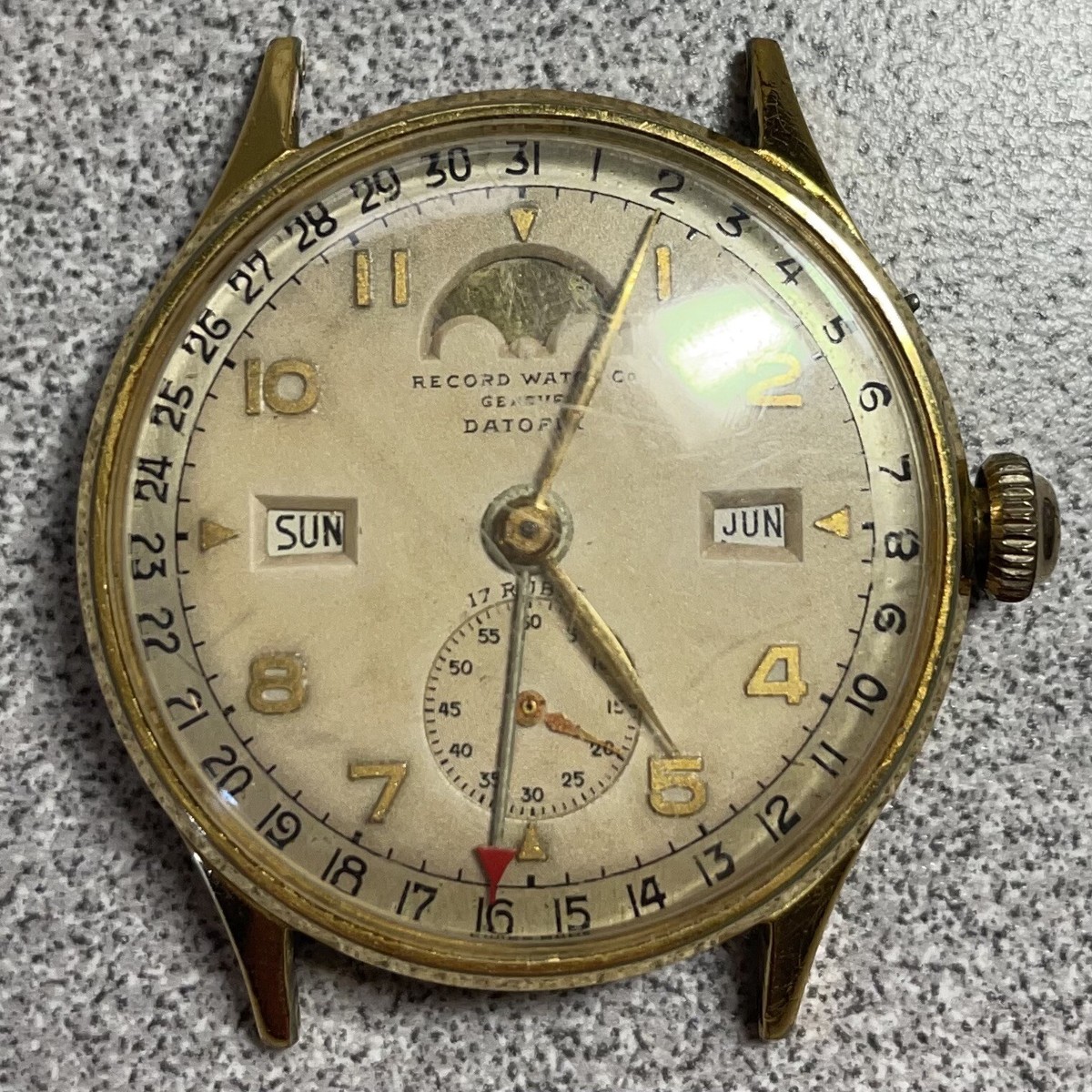 Rare Swiss Record Watch Co Geneve Datofix Triple Date Moonphase