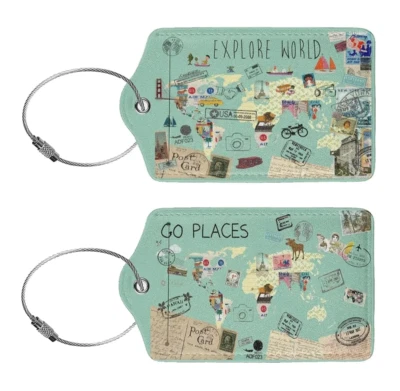THE VETERAN STORE 2 Pack Explore The World Stamps PU Leather Luggage Tag Name ID Card Baggage USA