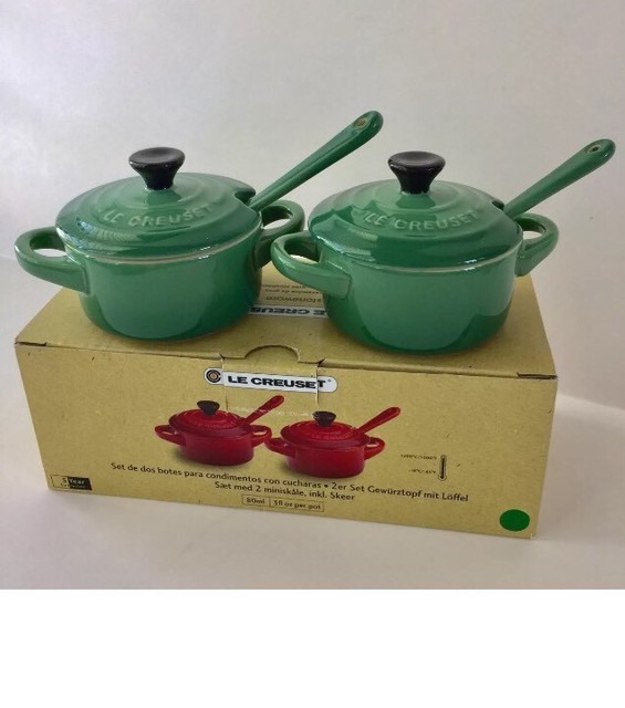 Fennel Green Le Creuset Set Of 2 Condiment Pots With Spoons New In Box