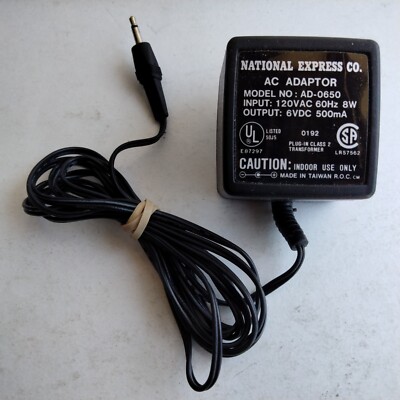 National Express AC Adapter Ad-06506 Volts DC 500 Milliamps Plug In Class 2 Tran