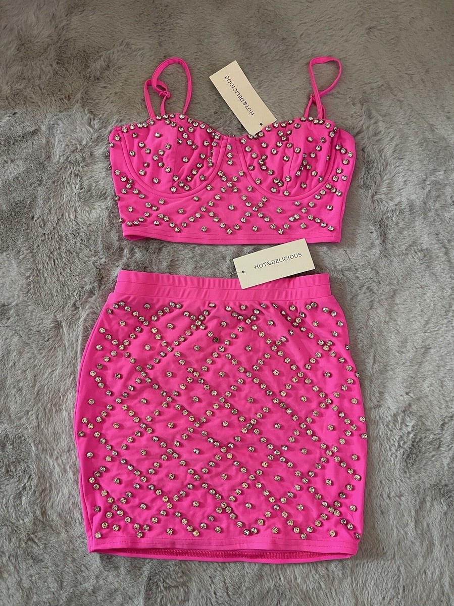 Hot and Delicious Hot Pink 2 Piece Skirt And Top With Gemstones