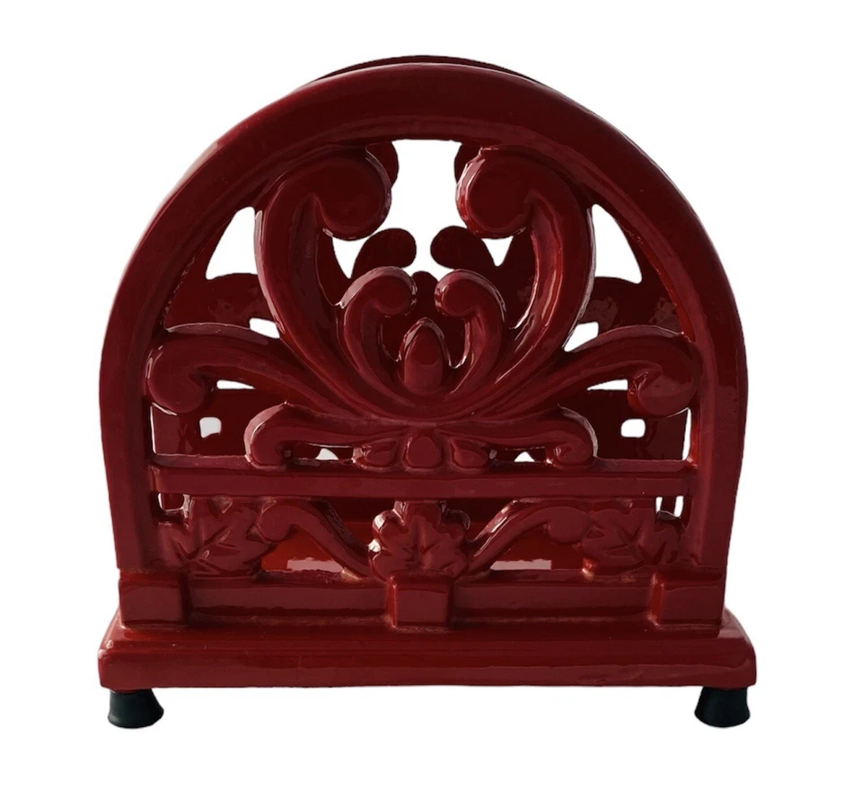 "Soporte servilletero de hierro fundido esmalte rojo con patrón de pergamino y hojas 4"" H x 3,5"" W x 5,5"" L" Foto 3 de 4