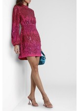 Rixo Lara Cutout Bow Velvet Trimmed Hot Pink Sequin Silk Dress Size 6
