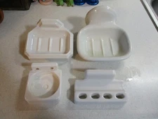 Vintage Antique Original White Porcelain Bath Fixtures, Soap, Toothbrush, Cup