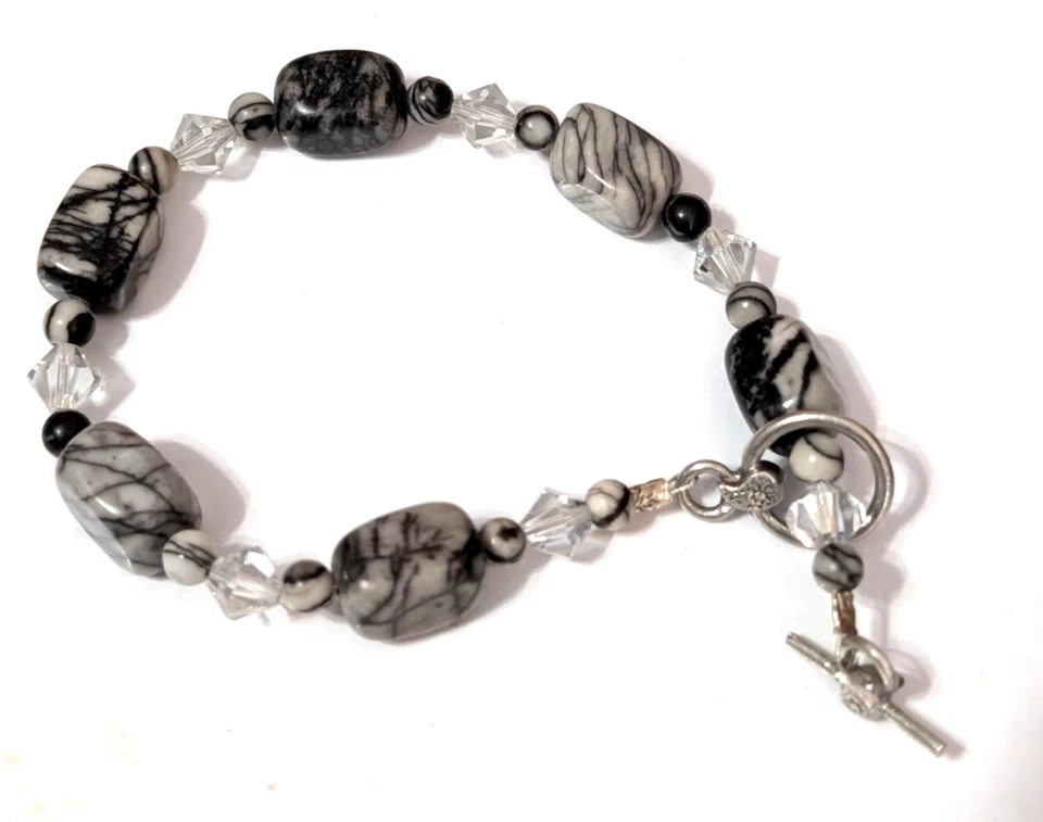 Pulsera Picasso Jaspe Cuentas 8" Negro Gris Tono Plata Araña Piedra sbr-68 Foto 3 de 4