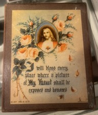 Vintage Jesus House Blessing Wood Plaque   Sacred Heart   Aged Patina   5  x 4  