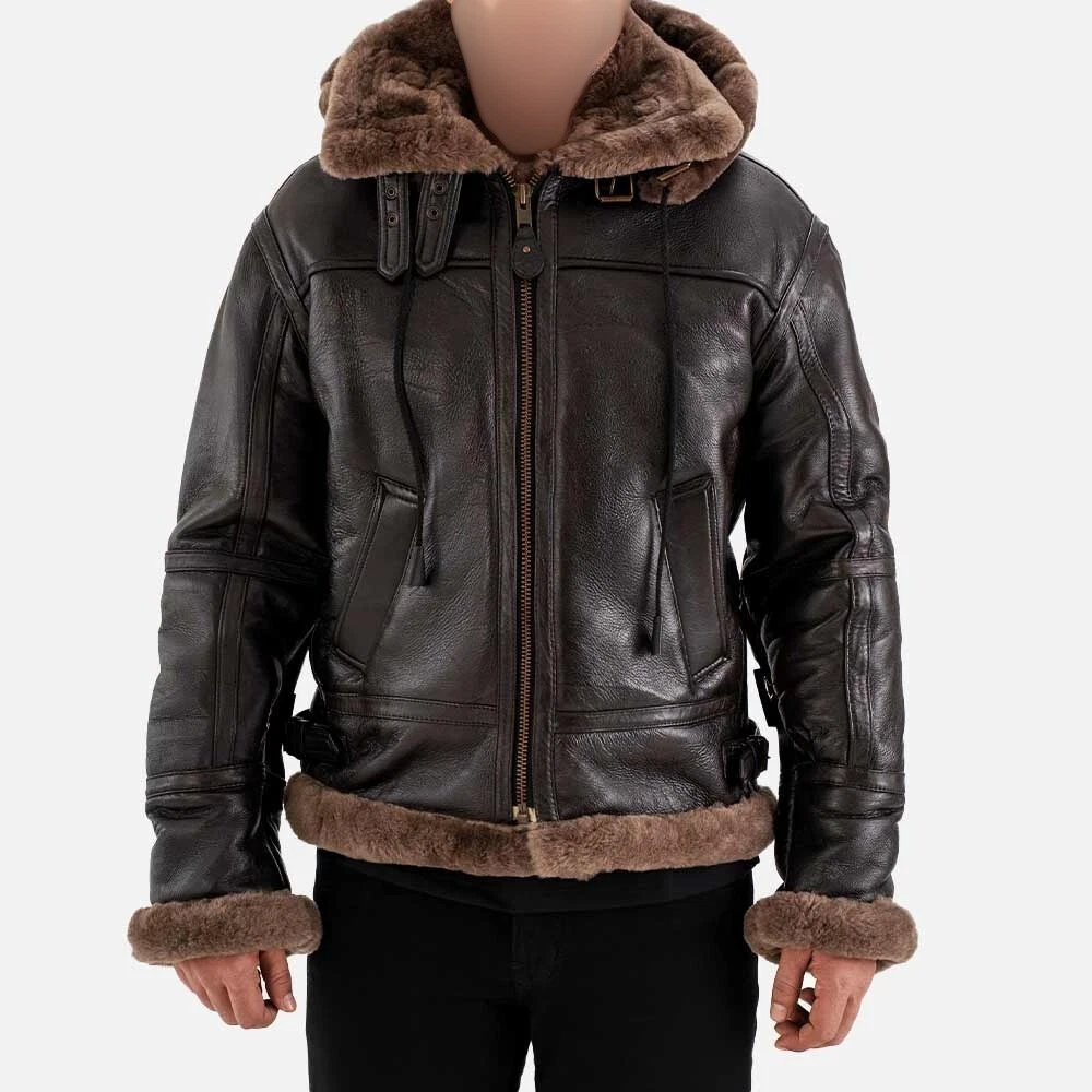 Men's Bomber Leather Jacket Black 100% Real Leather Faux Fur Lined Hood Jacket
