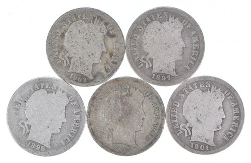 Better Lot 5 1903-O 1897 1898 1905-S 1901-O Barber Dime 0.50 Face *231