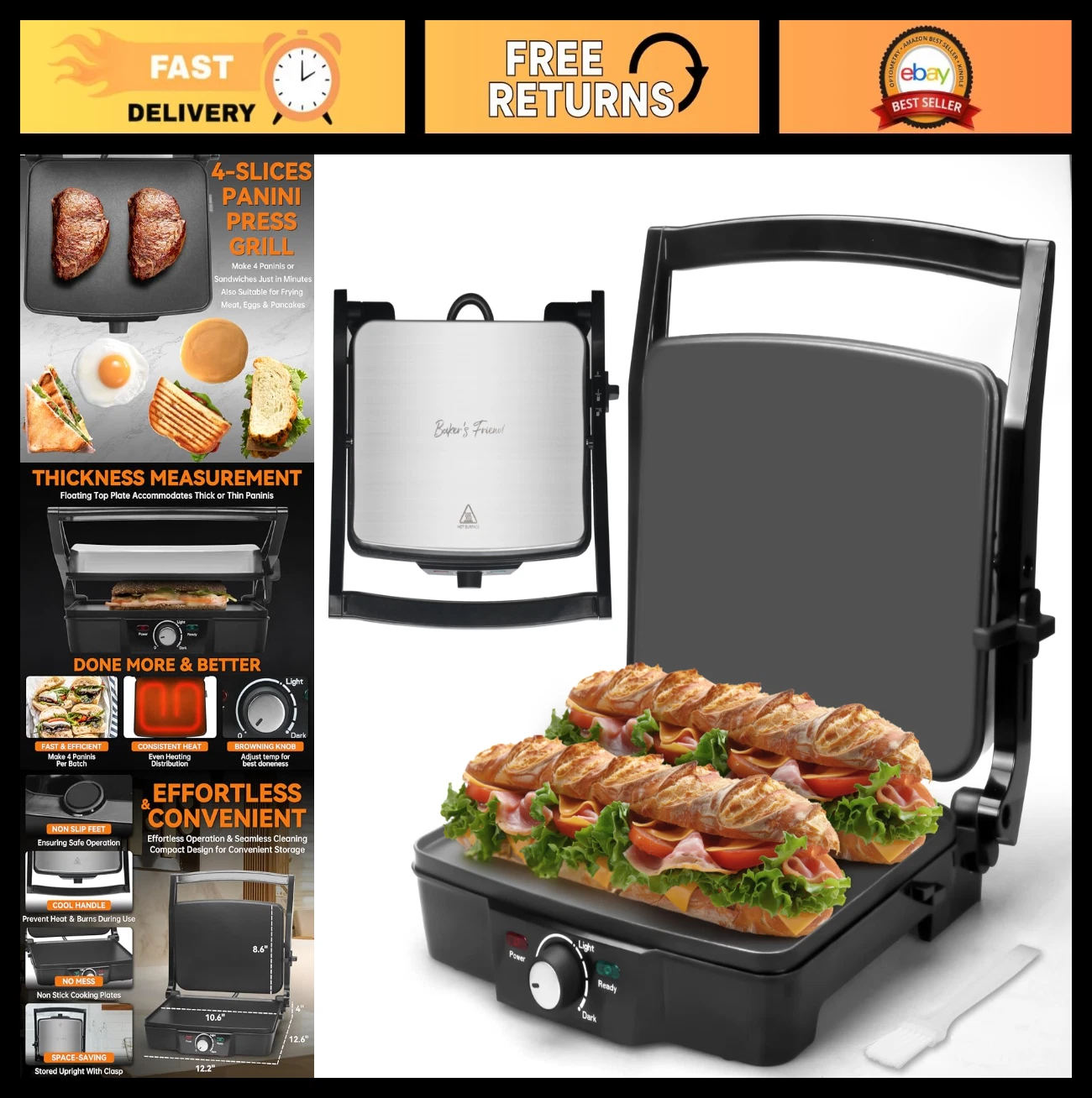 Electric Panini Press Grill, Non-Stick Sandwich Maker, 4-Slice Griddle with Brow