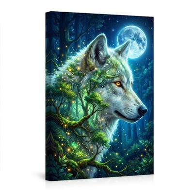 Moonlit Wolf Forest Canvas Poster Wall Art Fantasy Nature Design Decor