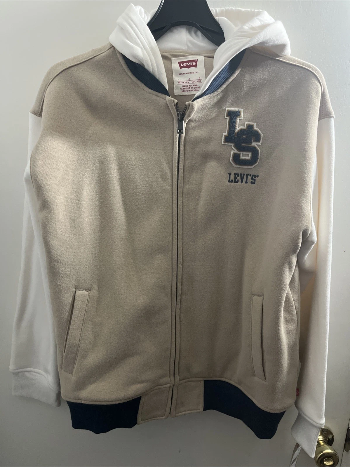 Levi's Mens Tan Sz Youth Large 12-13y Hooded Varsity Jacket Athletic Leisure
