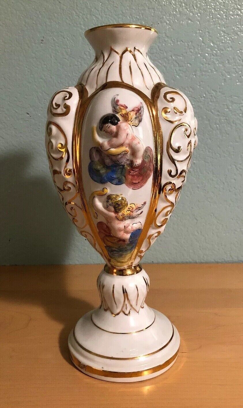 Vintage Keramos R. Capodimonte Large Vase Italy Raised Cherub Design Angels Natychmiastowa dostawa