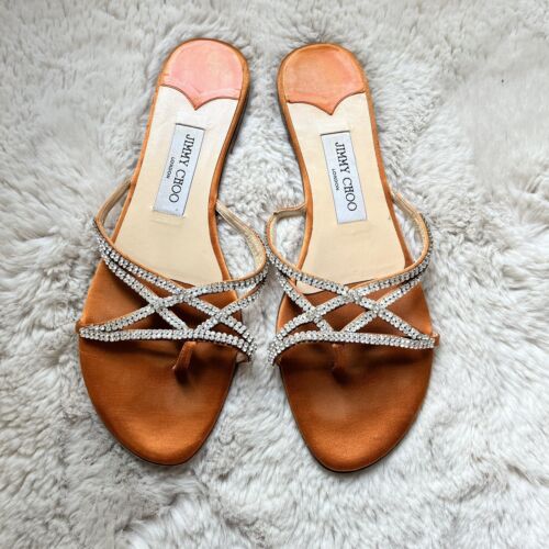Jimmy Choo Satin Rhinestone Crystal Flat Thong Sandals Size 39