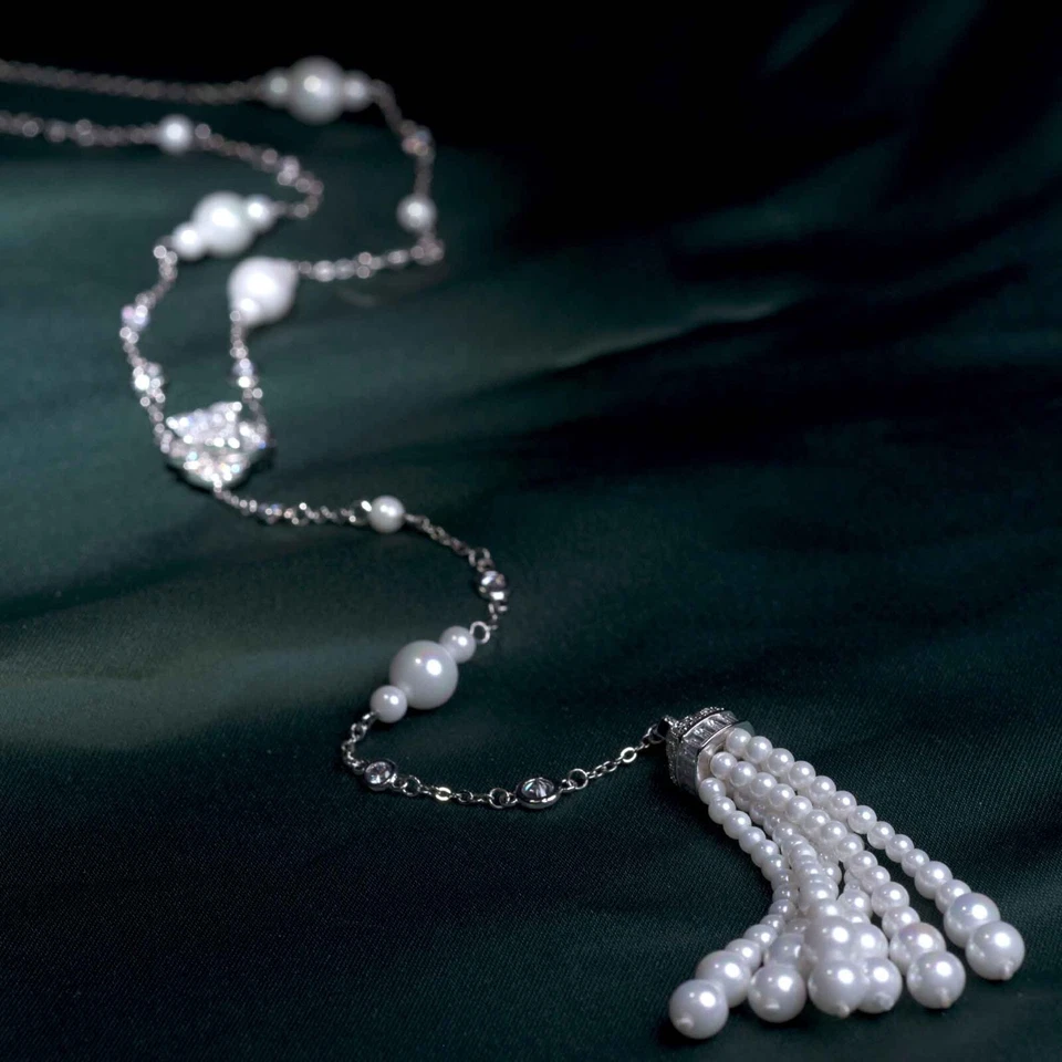 18k white gold made with swarovski crystal pearl long pendant Y Lariat necklace Foto 2 de 4