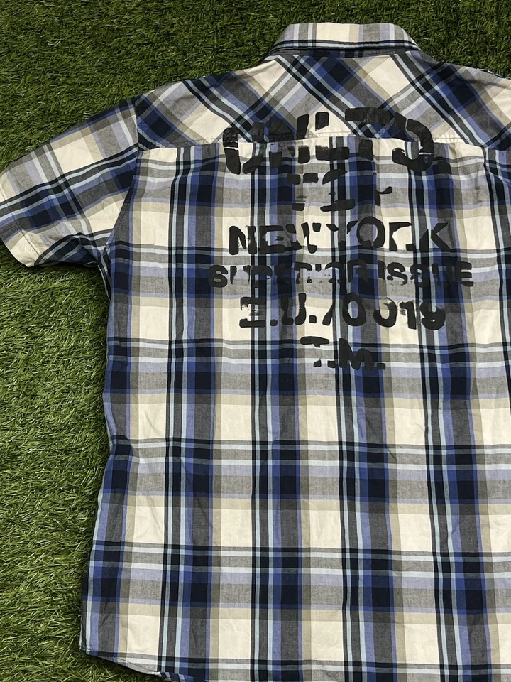 Ecko Unltd Y2K Plaid Button Up Short Sleeve Shirt Men's XL Blue Double Sided - Image 2 of 4