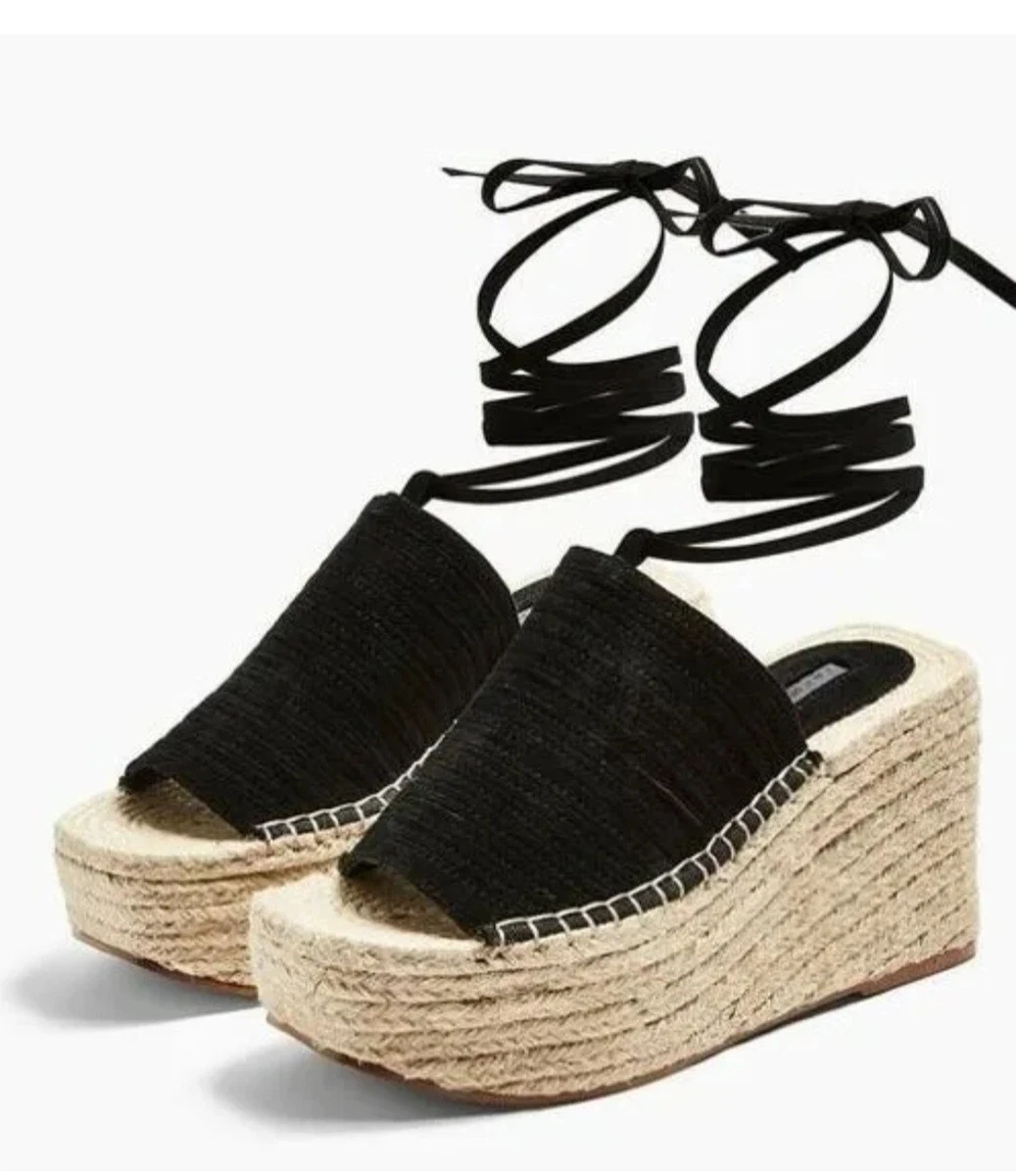 TOPSHOP WEEKEND ESPADRILLE WEDGE UK6 Black Raffia High Heel