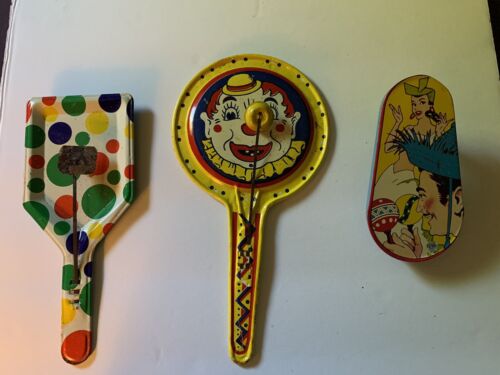 Vintage Metal Clown, Polka Dot & Litho Noisemakers Set Of 3 Kirchhof 50s/60s - Picture 1 of 7