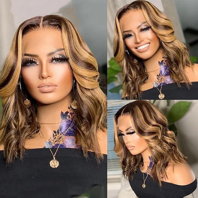 Full Cap dark brown highlight Freepart wig 2020 Dark Brown With Caramel Blonde Highlights Bob Wig 3D DOME  main image 3