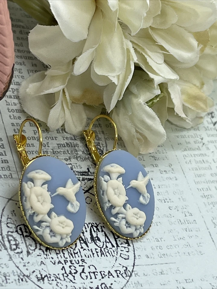 Pendientes camafeo cumpleaños azul crema colibrí dorado boda ajuste aniversario Foto 3 de 4