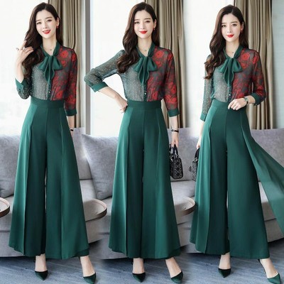 Tailleur donna completo elegante verde comodo maglia camicia pantaloni 4884  | eBay