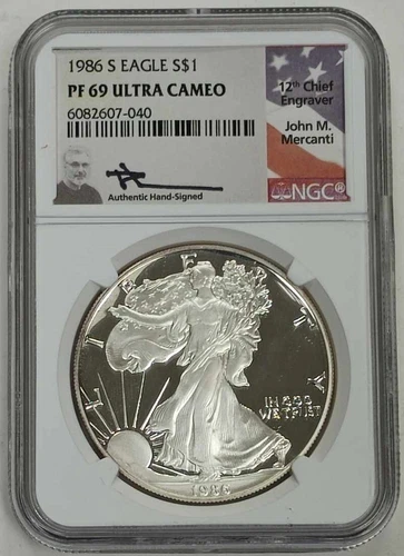 1986 S Proof American Silver Eagle NGC PF69 Ultra Cameo Signed John M. Mercanti