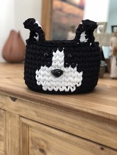 Adorable Crocheted Black And White Puppy Dog Basket Perfect For a Baby Nursery 
