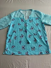 Blue Butterfly Vneck Drawstring Knit Long Sleeve Blouse size Large