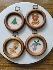 Vintage Needlepoint Framed CHRISTMAS Ornaments X4