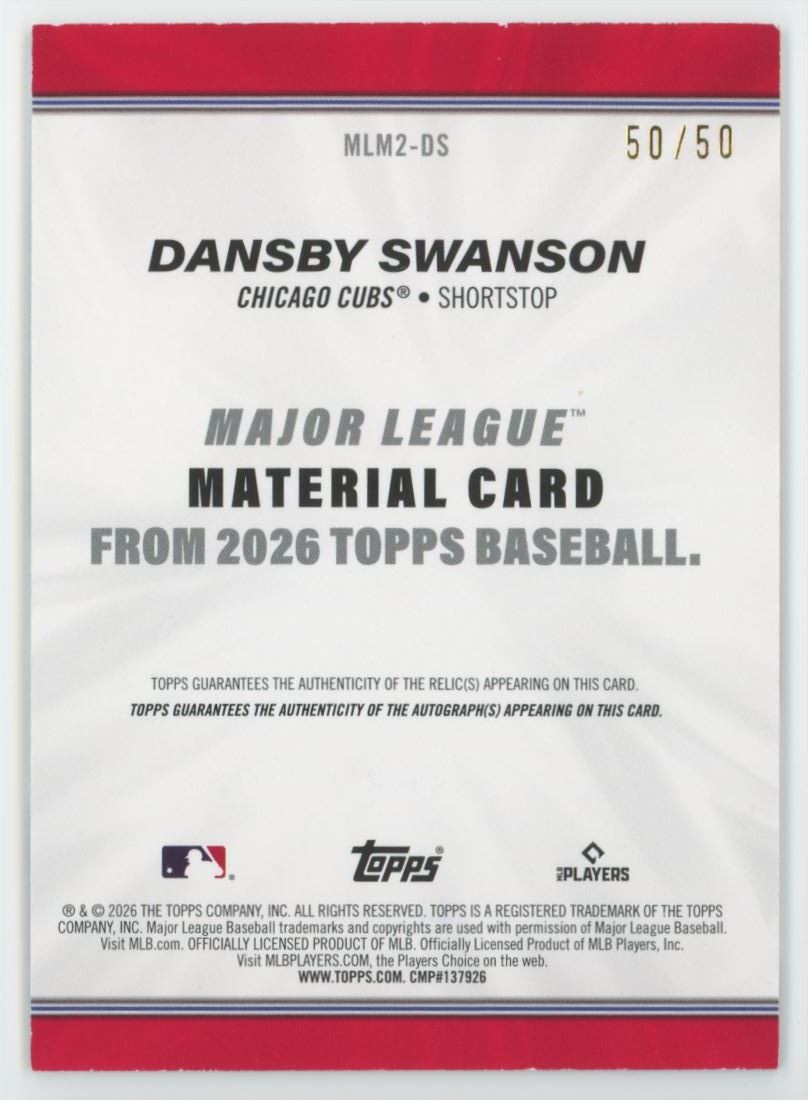 2026 Topps Major League Relic GOLD Dansby Swanson Auto Patch 50/50 #MLM2-DS C14 view 2