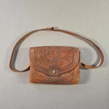 Vintage Hand Tooled Leather Purse Brown Floral Shoulder Strap Turn Lock Clasp