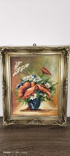 Blumenstrauß Stillleben Ölgemälde Vintage Rahmen Blumenmohn Kunst Goldsilber...