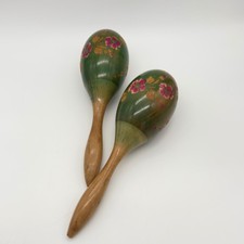 Vtg Hand-Painted Wooden Maracas Set w/Flowers Green  Natural Wood Finish 11"