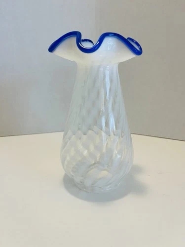 Fenton BLUE RIDGE 80th Anniversary Vase Opalescent Optic Swirl Ruffle Rim