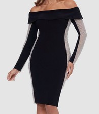 XSCAPE Womens' Black Rhinestone Mesh Side Off-The-Shoulder Dress Size 4