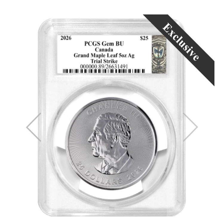 2026 PRIMERA HOJA DE ARCE DE PLATA DE 5 OZ PCGS Trial Strike-1000 como nuevo se envía 11,22 Foto 2 de 4