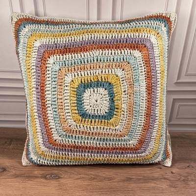 World Market Boho Crochet Square Pillow Cover Multicolor Yarn Farmhouse Accent