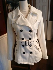 Rue 21 Womens S Off White  Double Breasted Zipper Pocket Tie Up Belt Coat NWOT