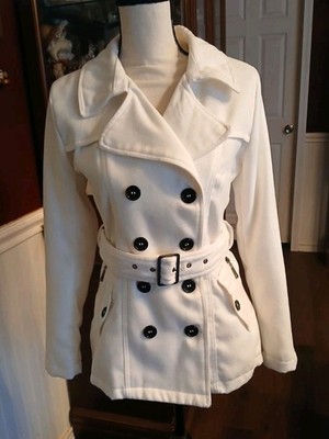 Rue 21 Womens S Off White  Double Breasted Zipper Pocket Tie Up Belt Coat NWOT