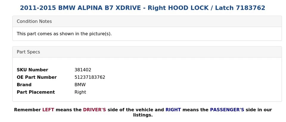 BMW ALPINA B7 XDRIVE 2011-2015 - BLOQUEO DEL CAPÓ DERECHO / PESTILLO 7183762 Foto 4 de 4