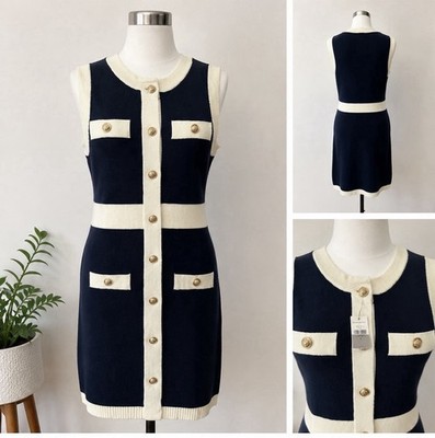 Endless Rose Anthropologie Knit Mini Dress M Navy Ivory Gold Button Preppy