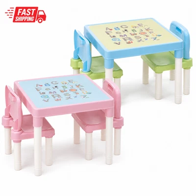 Kids Plastic Table & 2 Chairs Themed Set Play Room Desk Toddlers Junior Home UK - Image 1 of 4