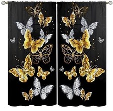 Golden Butterfly Window Curtains, Black Gold Butterflies Rod Pocket Windows