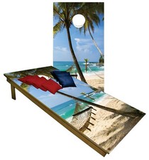 Hammock Beach CORNHOLE BEANBAG TOSS GAME w Bags Game Board Palm Tree Set