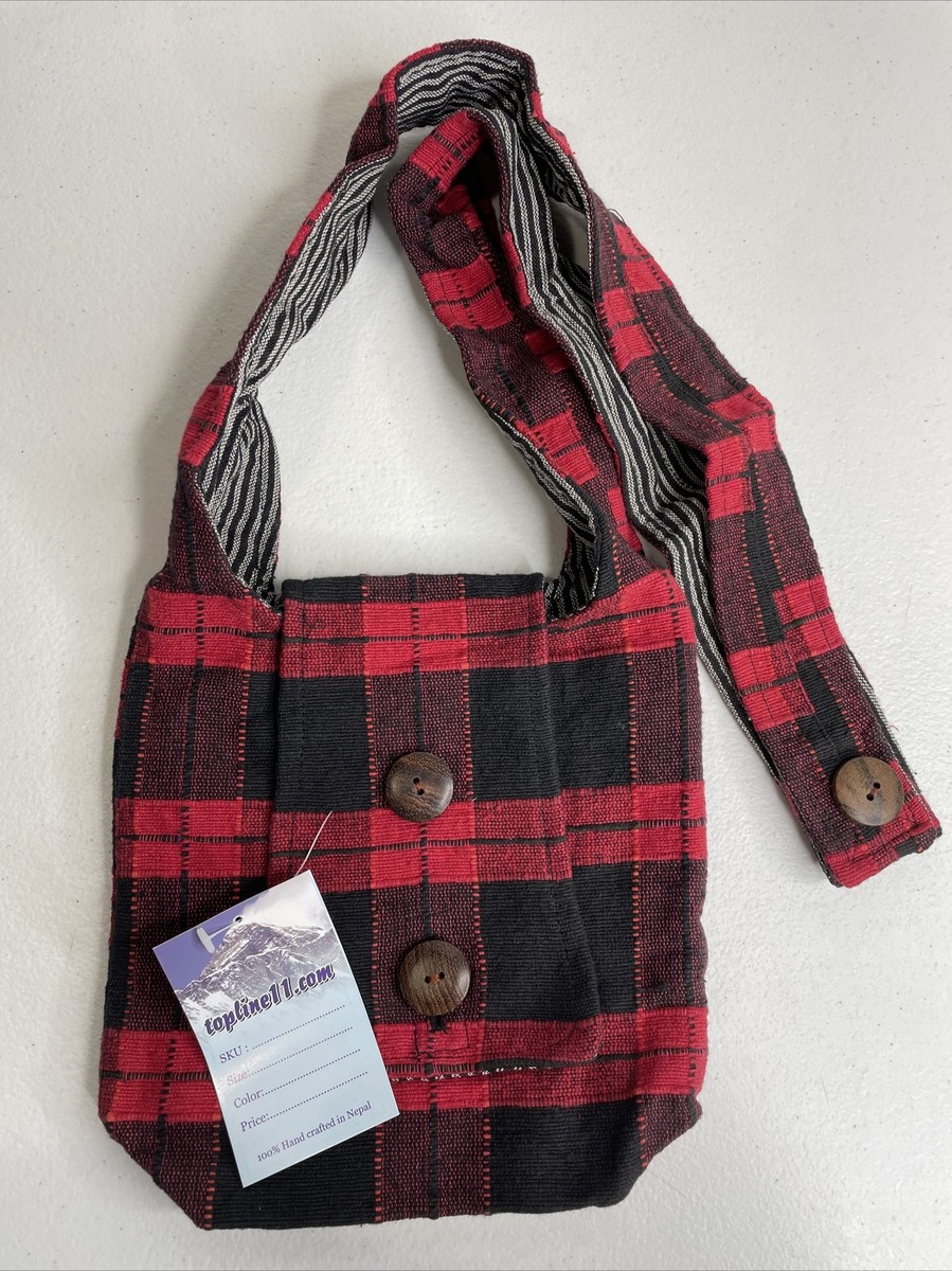 Homemade Crossbody Bag Boho Hippy Made In Nepal Black Red Plaid NWT