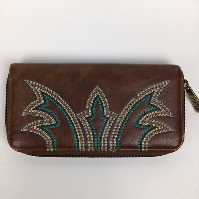 Justin Brown Leather Wallet Embroidered Zip Around