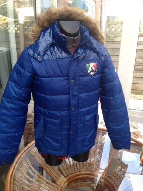 Elesse mens designer parka with fur hood size large super trendy great Parker