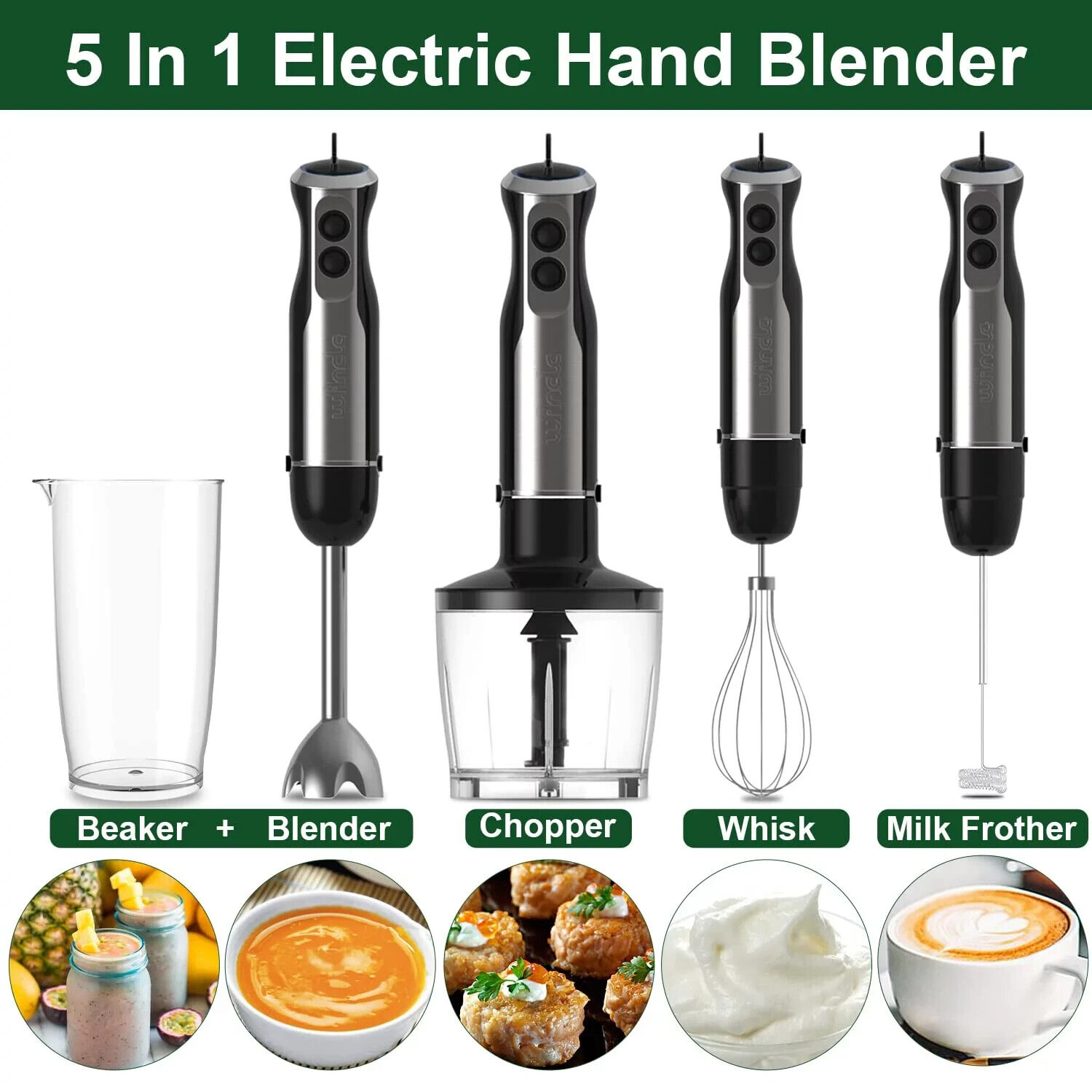 Immersion Hand Blender 16-Speed 5-In-1 Multi-Function Stick